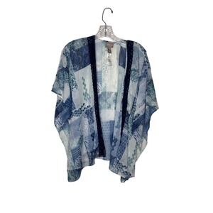 Chicos Blue White Patchwork Damask‎ Kimono Wrap Lace Trim One Size OS